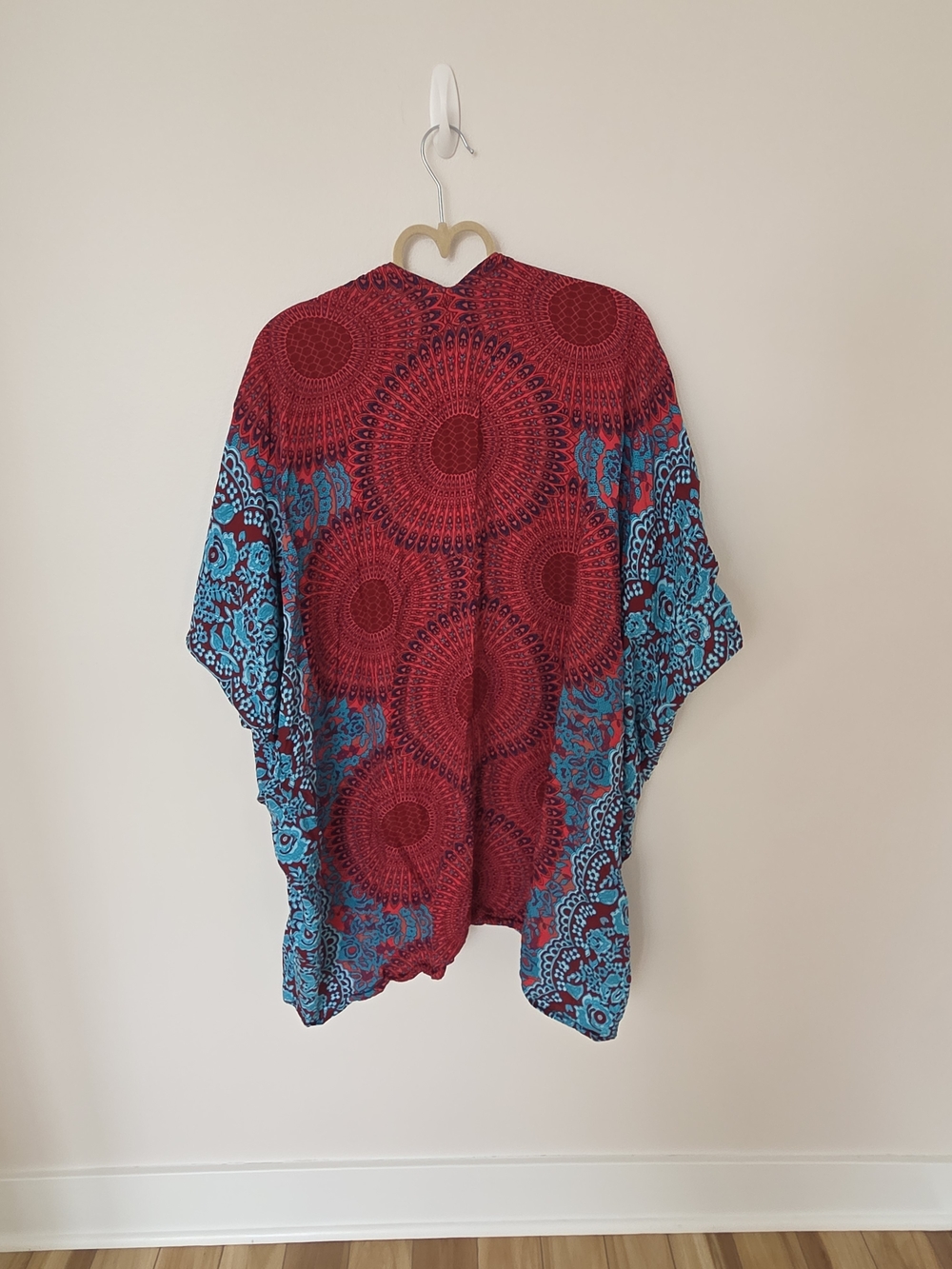 *LOTUS & LUNA* Boho Red and Teal Open-Front Kimono - Picture 6 of 7